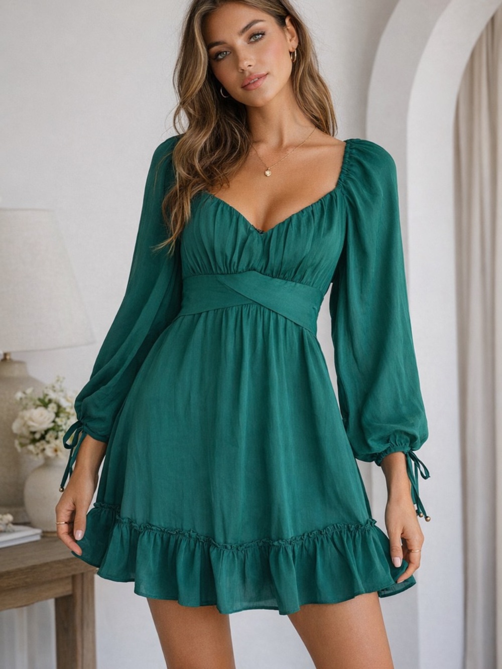 NWT Saints & Secrets Forest Green Puff Sleeve Dress Empire Waist Romantic Flare